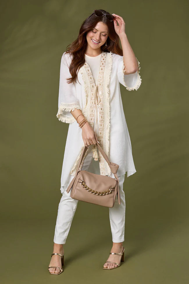 Tie Cardigan with Decorative Border