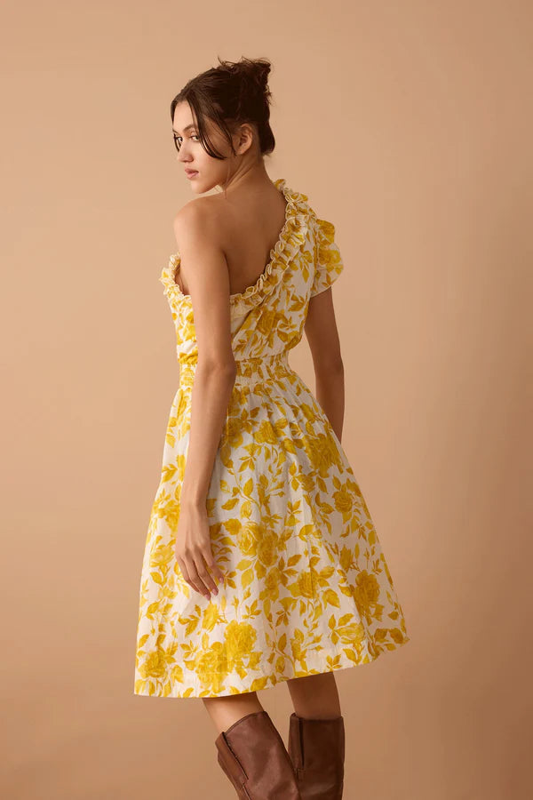 Yellow Assymetrical Dress with Ruffle Neckline