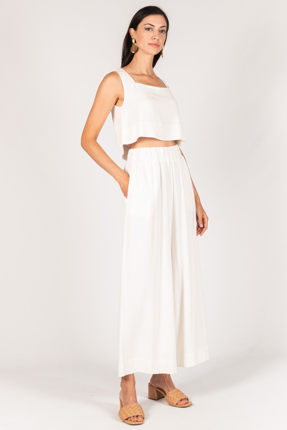 pants linen culotte elastic waist ivory