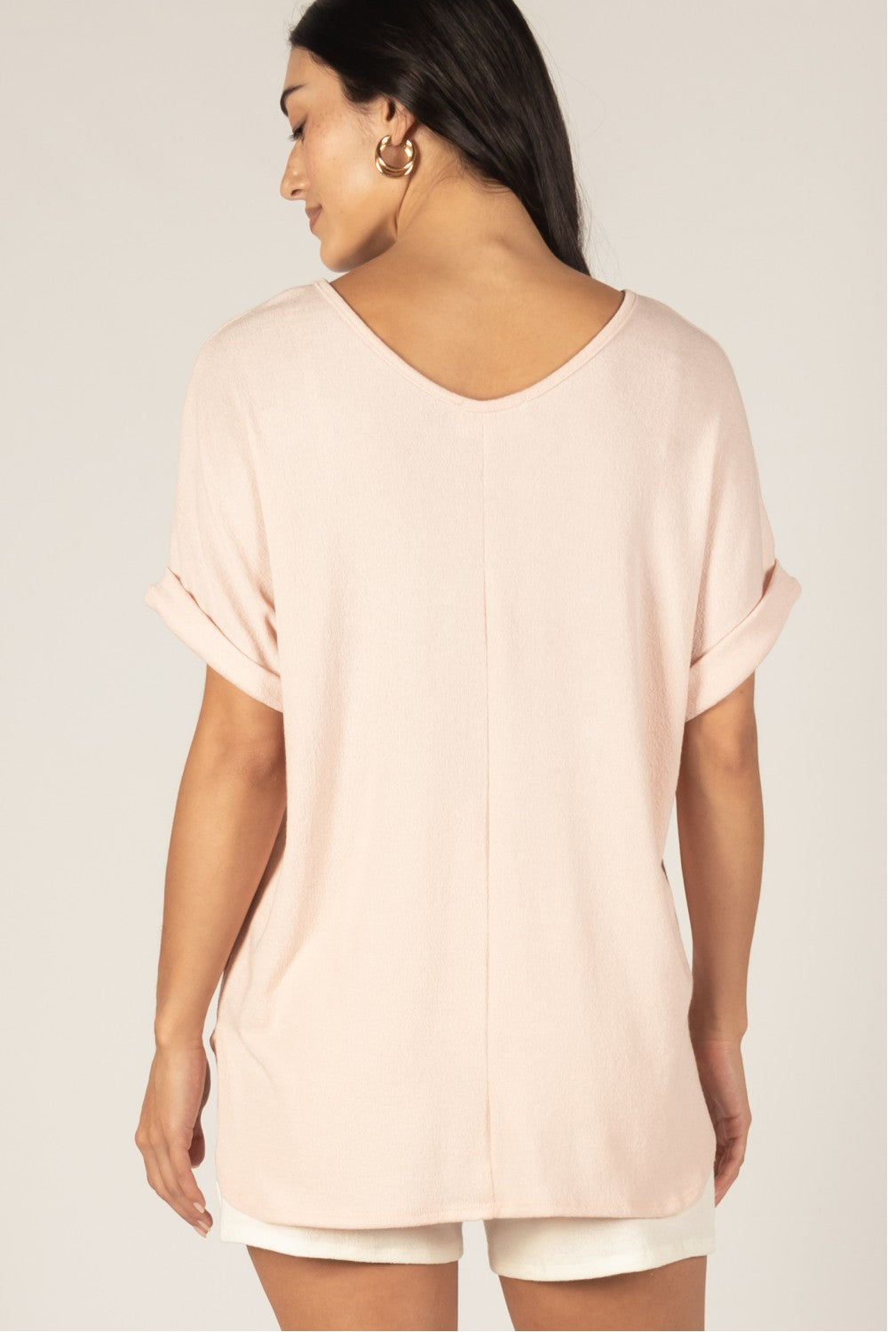 Crepe Hacci Top with Rolled Sleeve