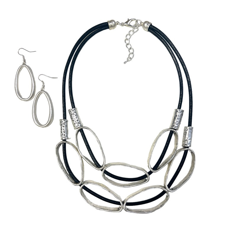 Black & Silver Oval Necklace with earrings