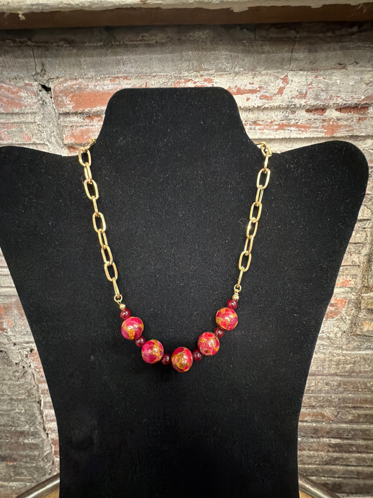 necklace burgandy beads  gold chain