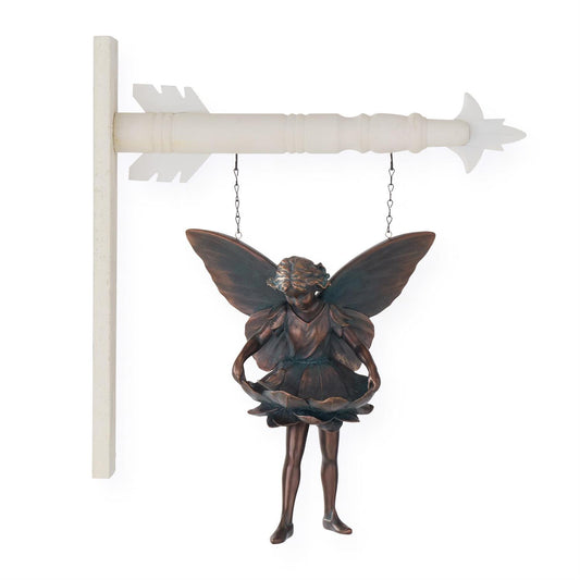 Resin Fairy Bird Bath w/ Patina Green & Copper Arrow Sign
