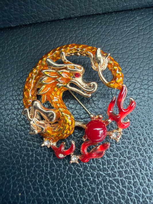 Dragon Red Bead and Flames Brooch