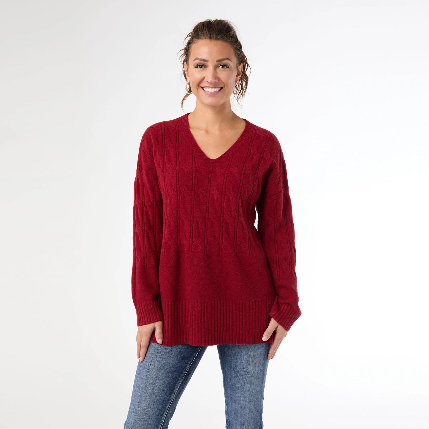 V-neck Cable Sweater With Ribbed Bottom