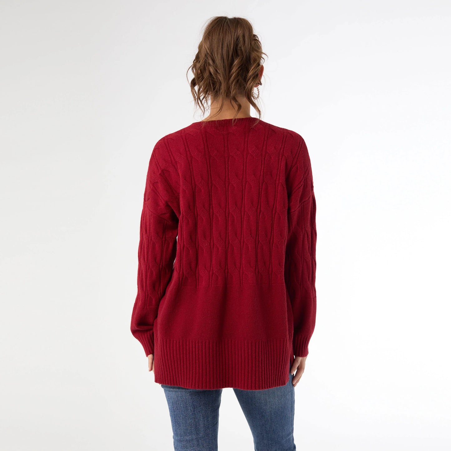 V-neck Cable Sweater With Ribbed Bottom