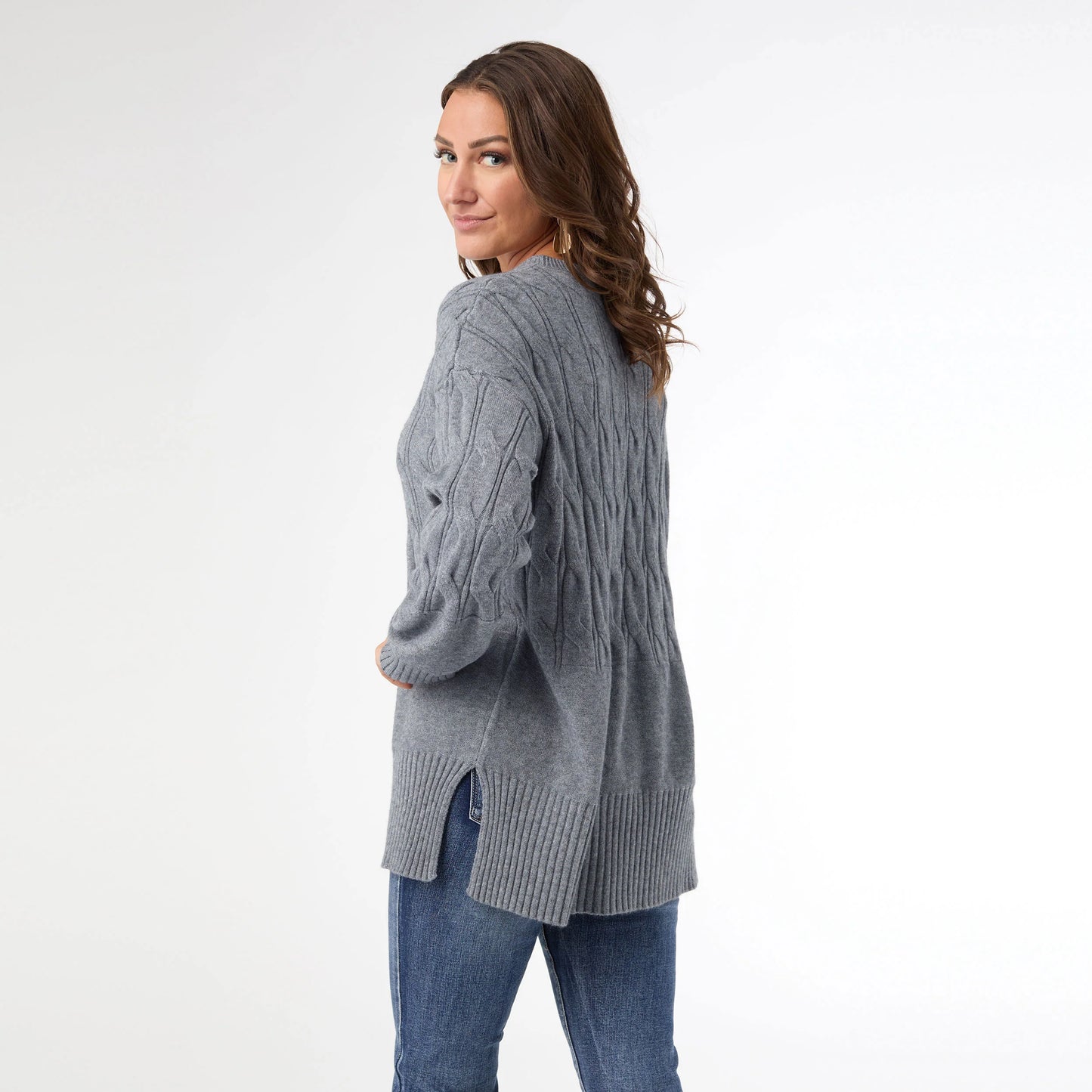 V-neck Cable Sweater With Ribbed Bottom