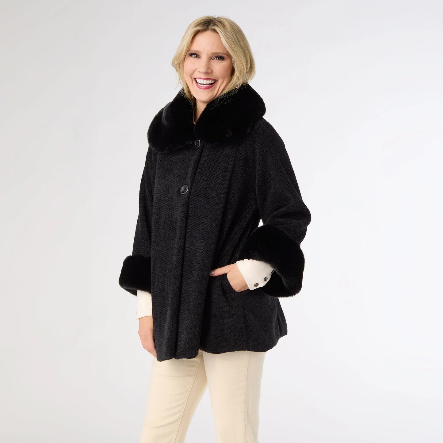 Janara 3/4 Sleeve Button Wrap with Faux Fur Trim