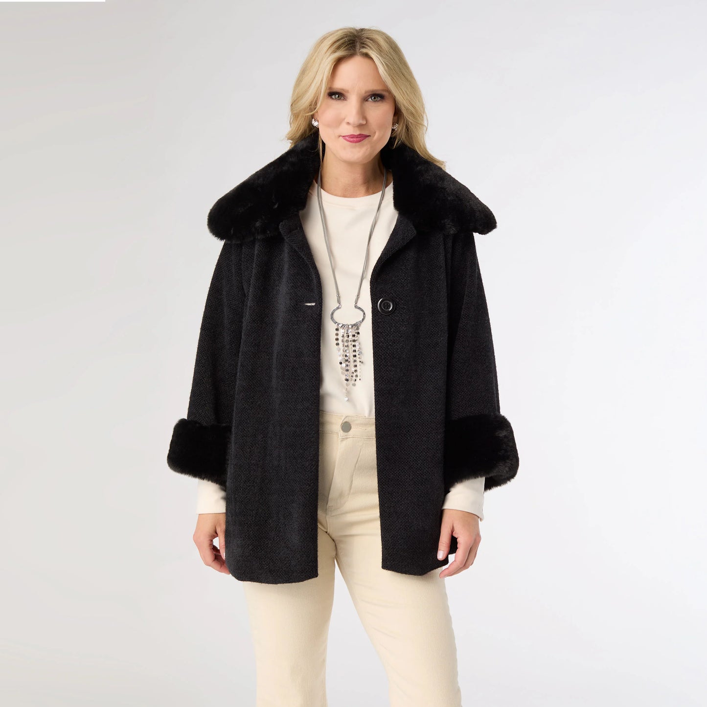 Janara 3/4 Sleeve Button Wrap with Faux Fur Trim
