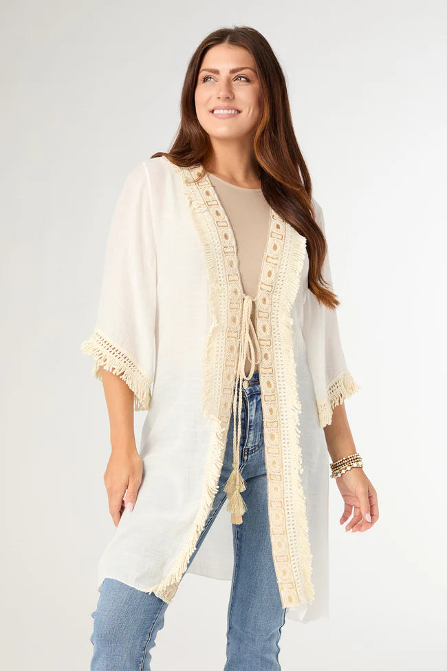 Tie Cardigan with Decorative Border