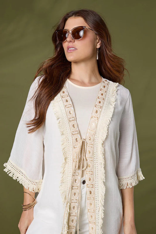 Tie Cardigan with Decorative Border