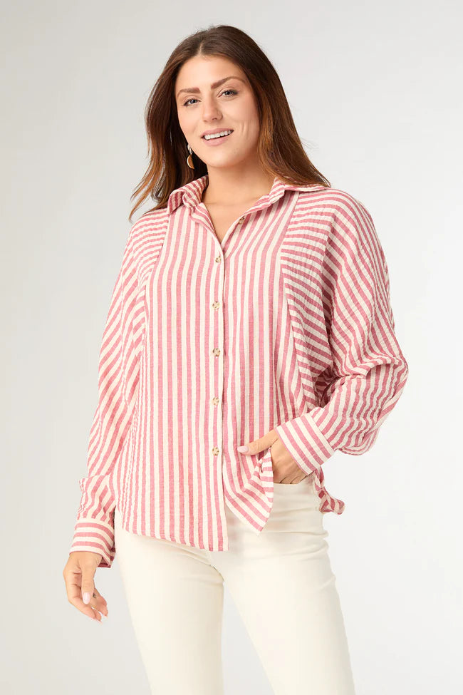 Relaxed Fit Button Front Striped Top