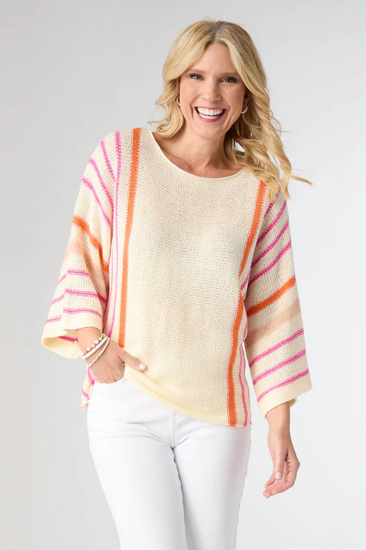 Relaxed 3/4 Sleeve Striped Sweater