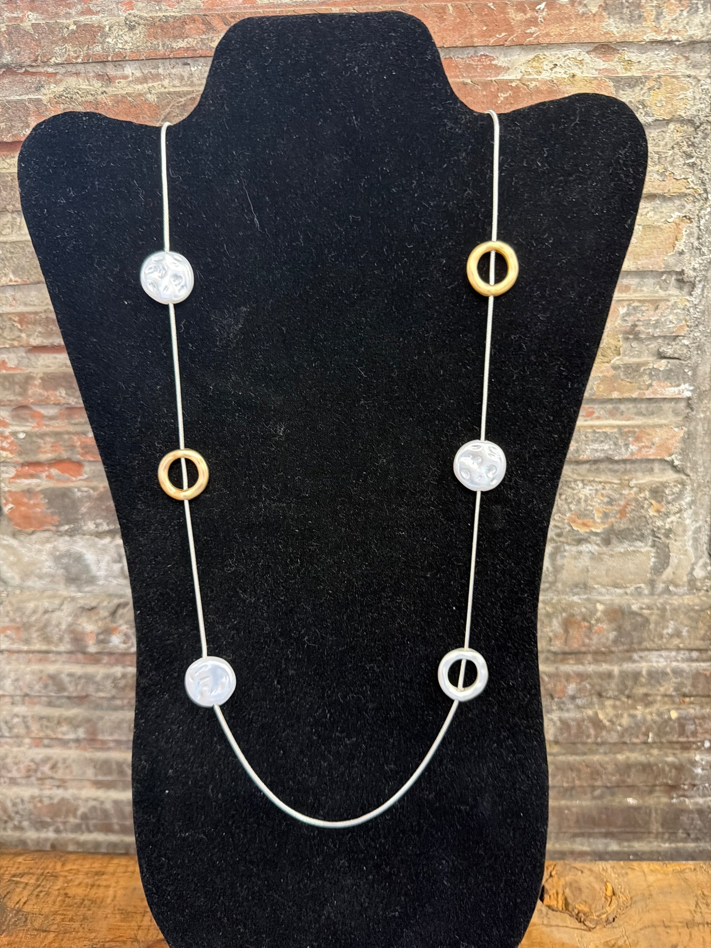 necklace long adjustable length silver   with  gold, silver, pearl circles