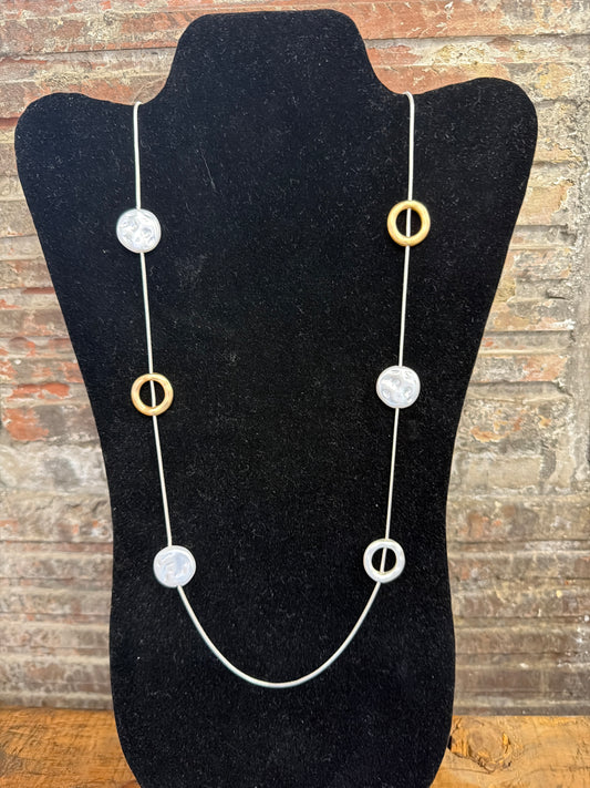 necklace long adjustable length silver   with  gold, silver, pearl circles