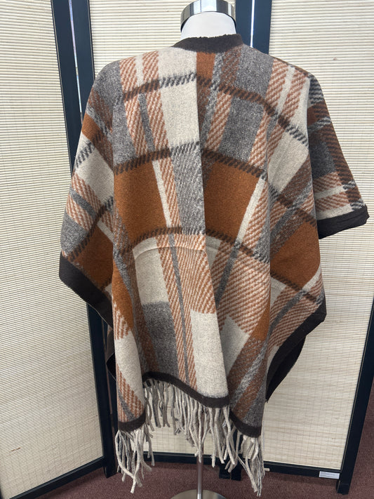PONCHO BROWN PLAID /FRINGE