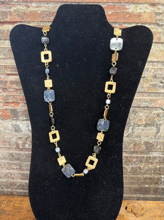 necklace gold, black square long