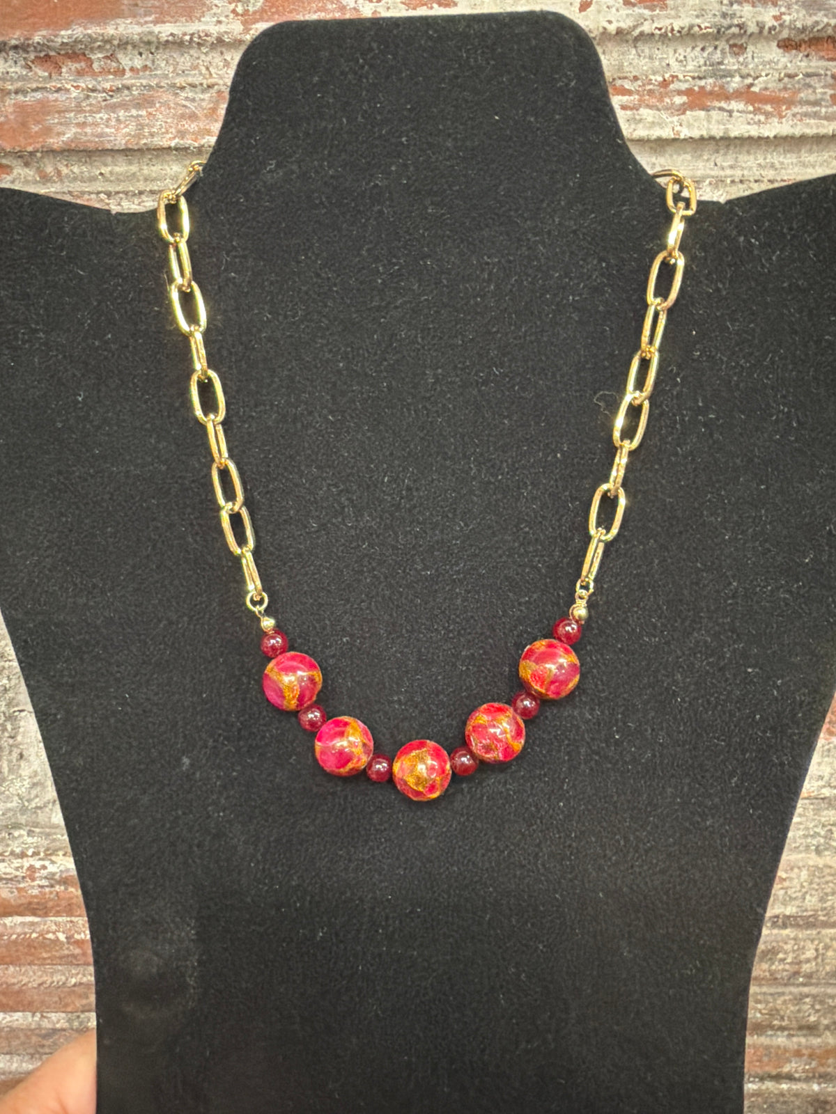 necklace burgandy beads  gold chain