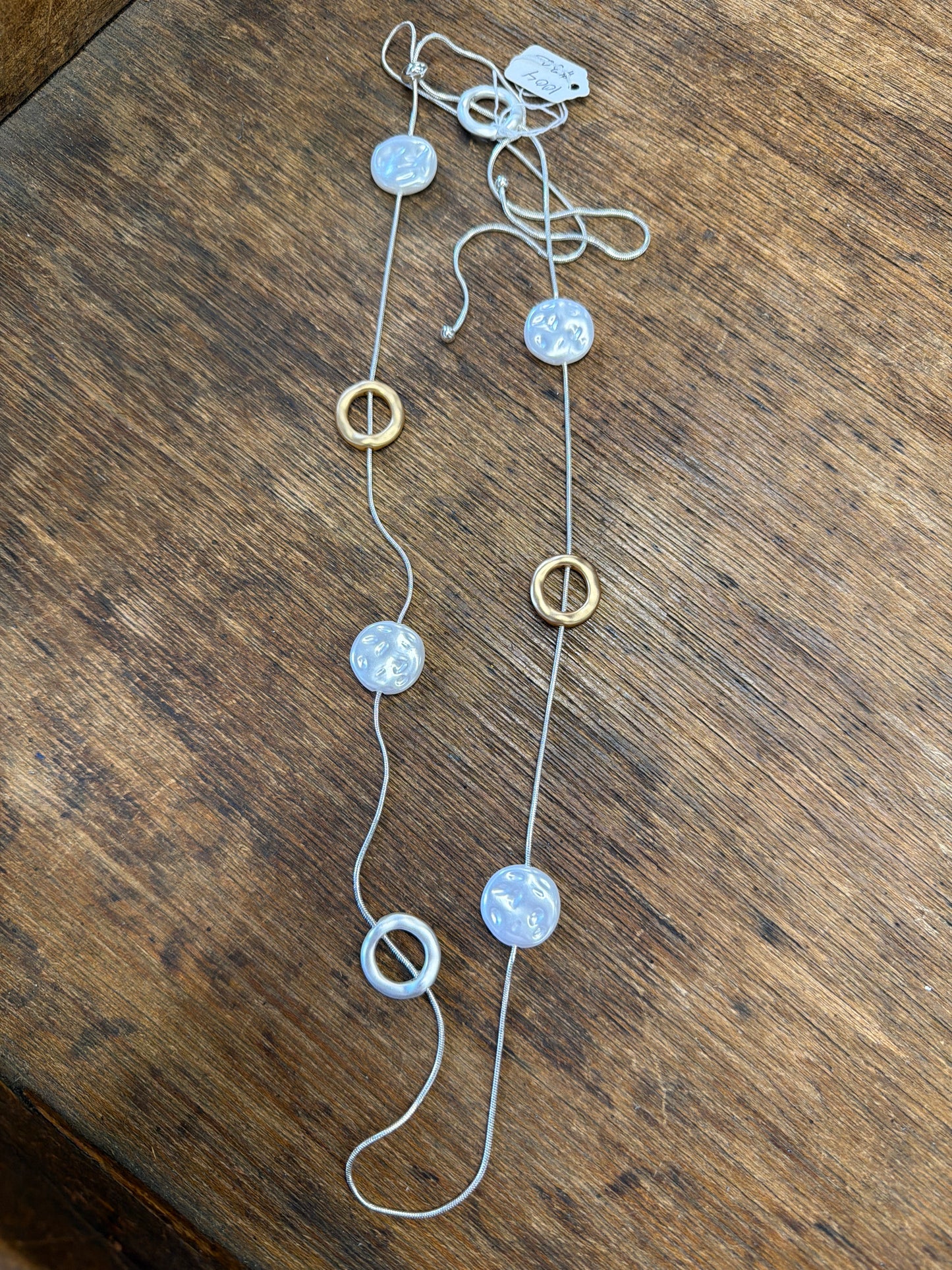 necklace long adjustable length silver   with  gold, silver, pearl circles