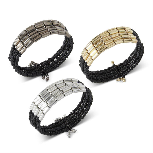 Black Beads W/Metal Colored Accent Beads Bracelet