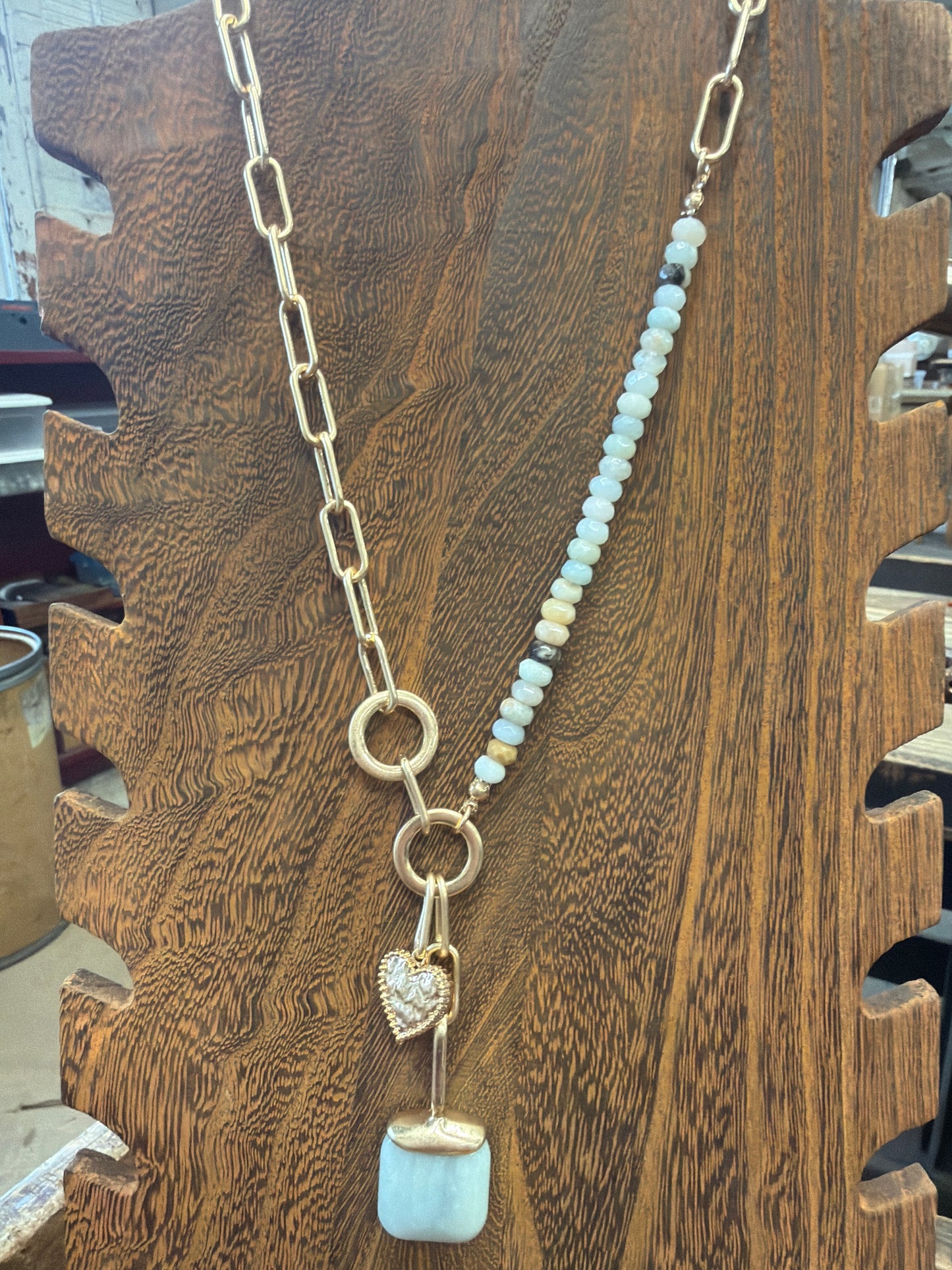 NECKLACE 2SIDED CHAIN/ BLUE BEADS PENDENT BLUE SQUARE
