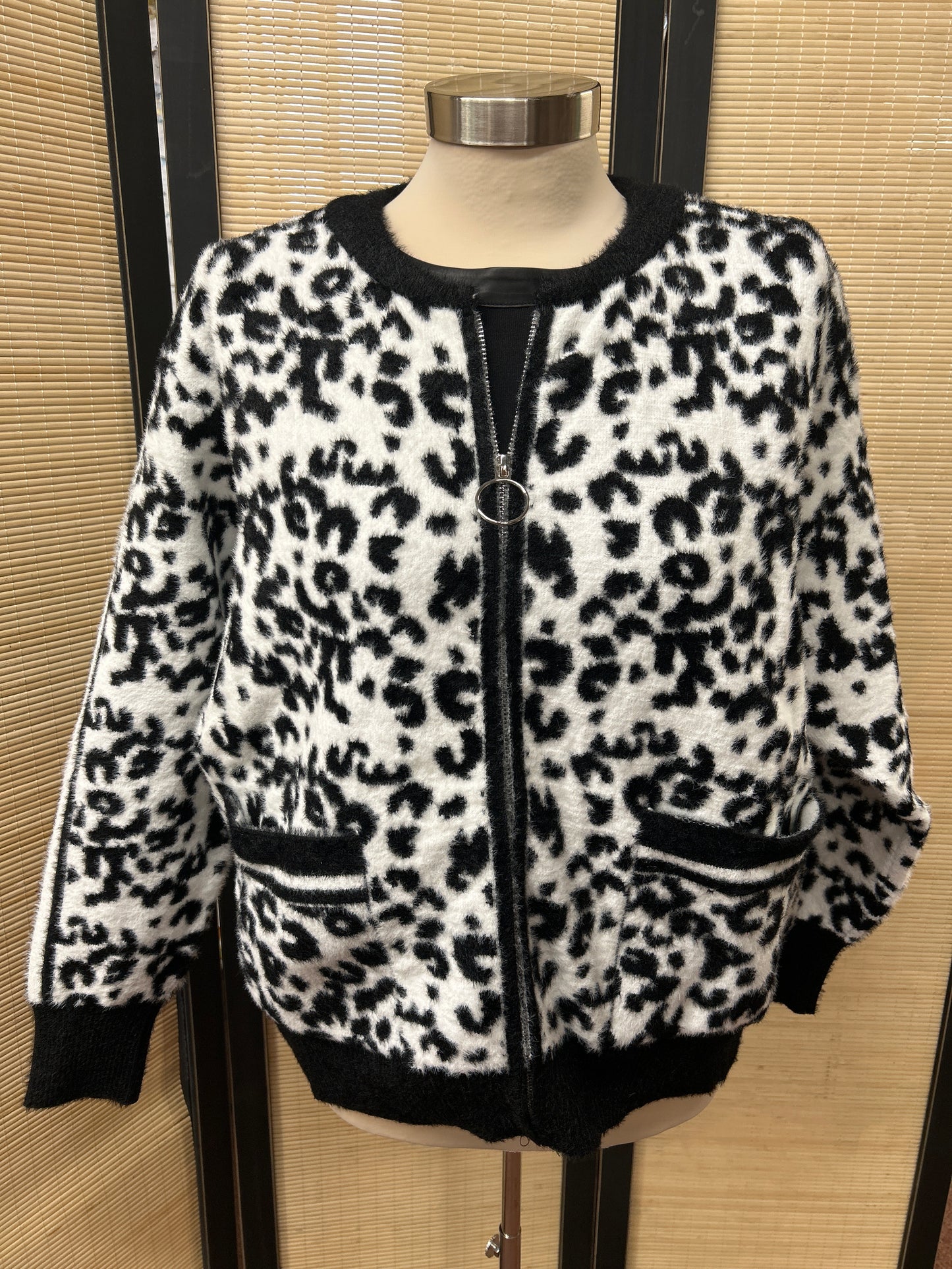 Animal Print Eyelash Zip Cardigan