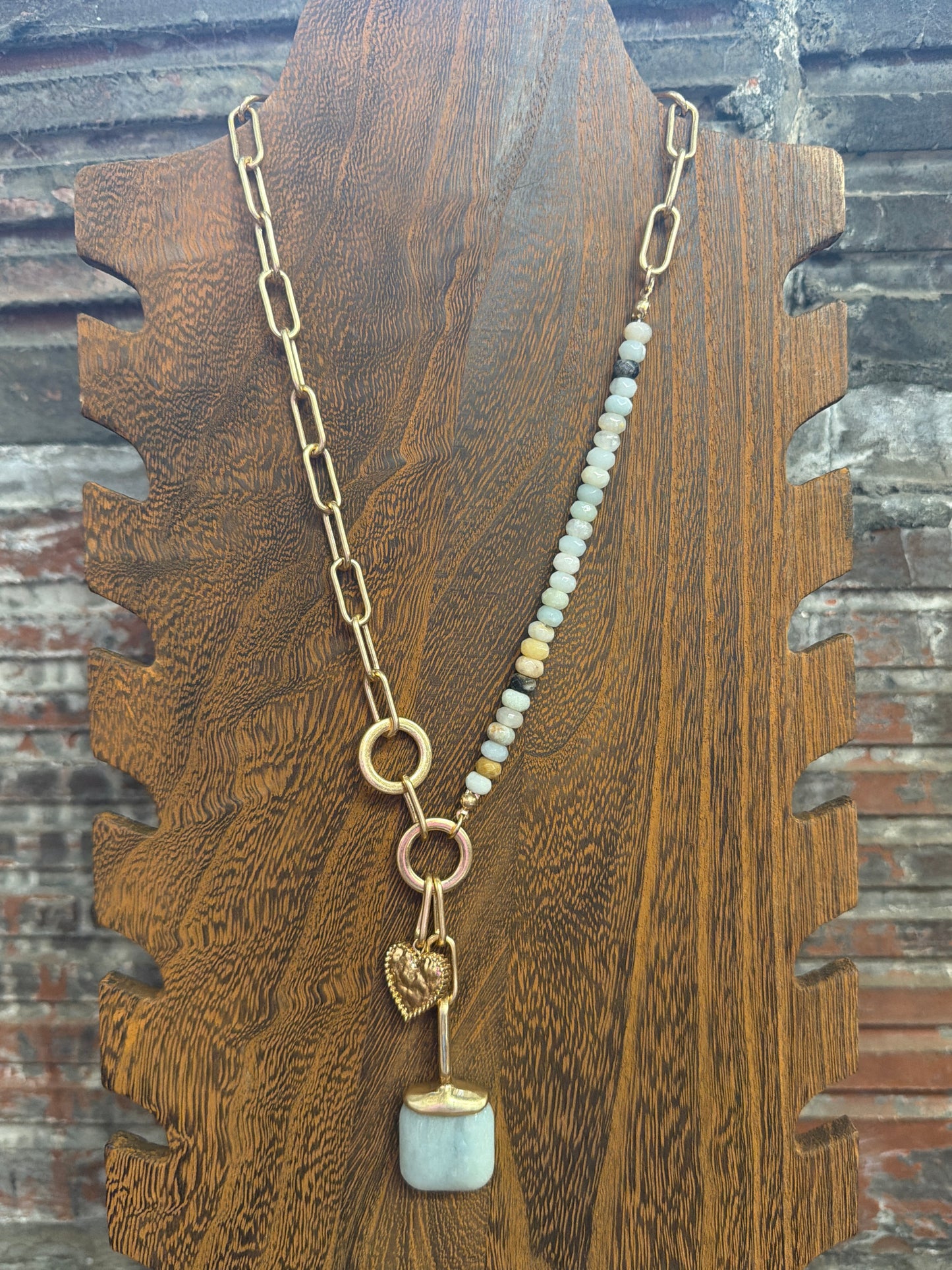 NECKLACE 2SIDED CHAIN/ BLUE BEADS PENDENT BLUE SQUARE