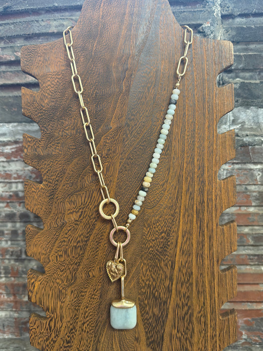 NECKLACE 2SIDED CHAIN/ BLUE BEADS PENDENT BLUE SQUARE