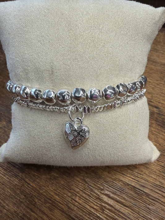 Double Strand Silver w/ Heart Pendant Bracelet