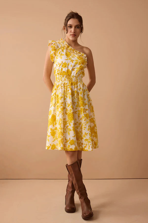 Yellow Assymetrical Dress with Ruffle Neckline