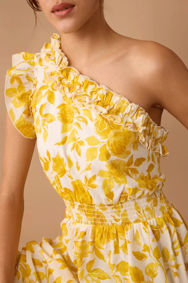 Yellow Assymetrical Dress with Ruffle Neckline