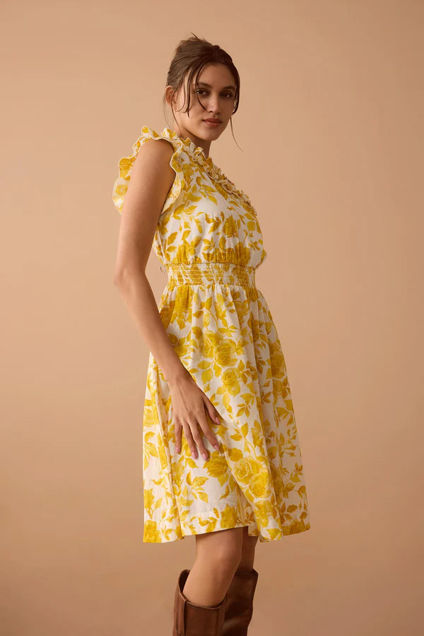 Yellow Assymetrical Dress with Ruffle Neckline