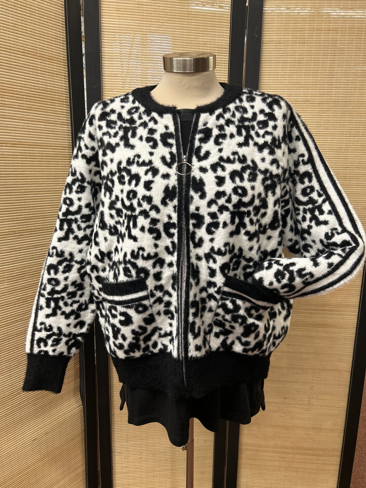 Animal Print Eyelash Zip Cardigan