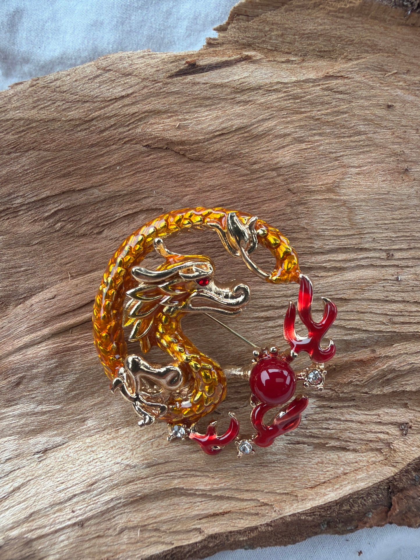 Dragon Red Bead and Flames Brooch