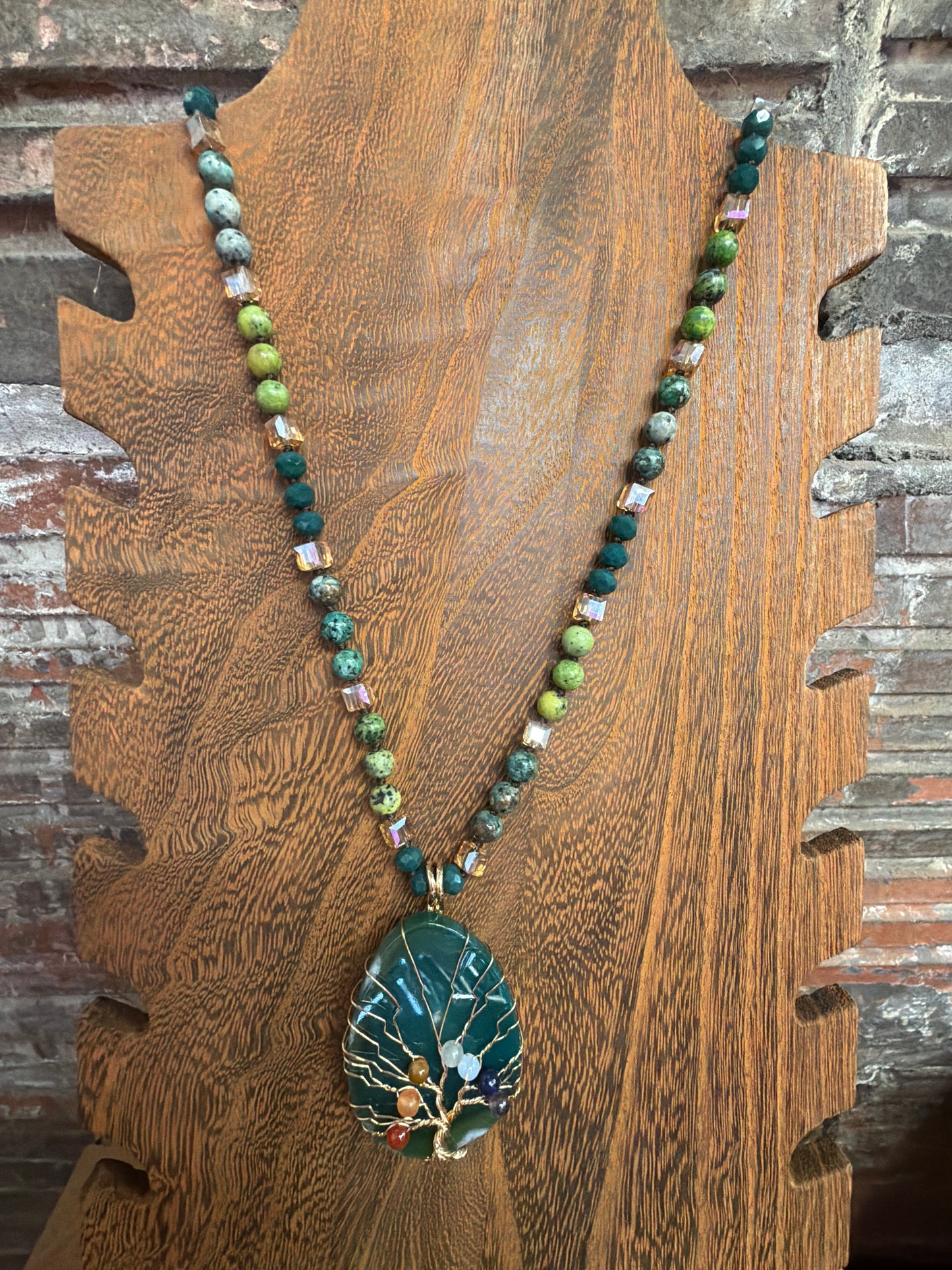 NECKLACE 2SIDED CHAIN/ BLUE BEADS PENDENT BLUE SQUARE