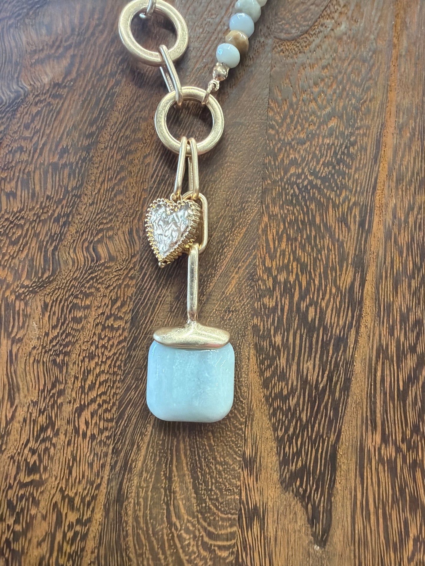 NECKLACE 2SIDED CHAIN/ BLUE BEADS PENDENT BLUE SQUARE