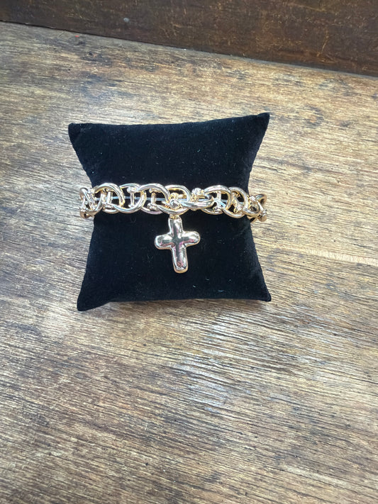BRACELET HORSESHOE CHAIN LINK  GOLD OR SILVER WITH CROSS