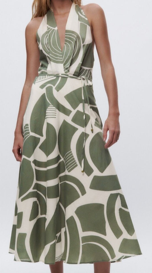 Green & White Halter Dress