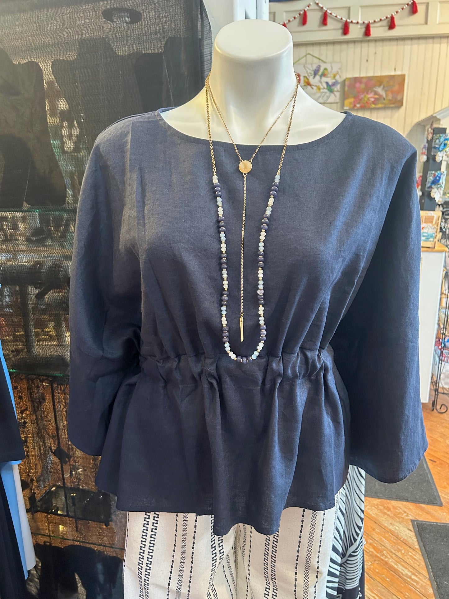 Navy Washed Linen Top