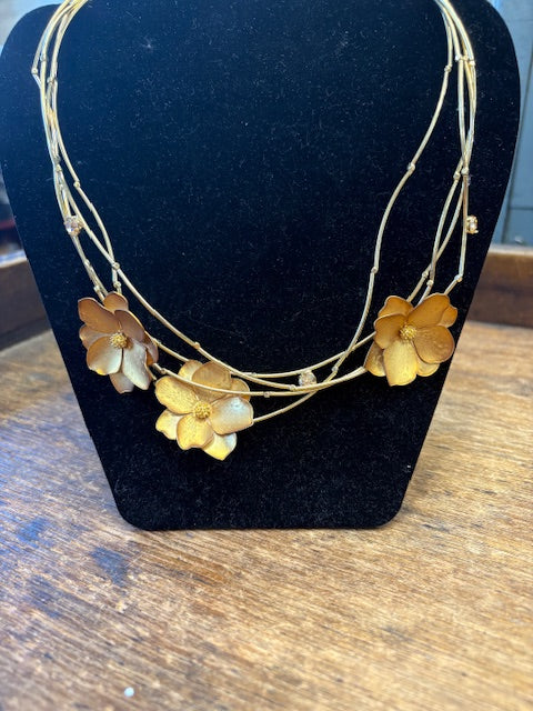 Triple Strand Gold Flower Necklace