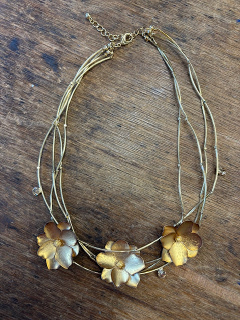 Triple Strand Gold Flower Necklace
