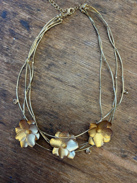 Triple Strand Gold Flower Necklace