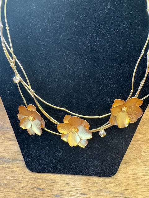 Triple Strand Gold Flower Necklace