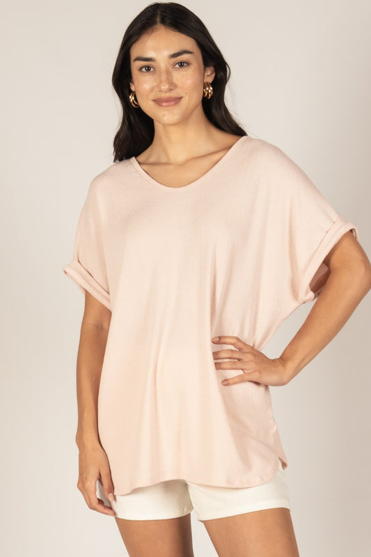 Crepe Hacci Top with Rolled Sleeve