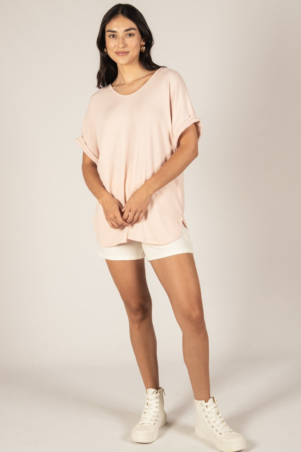 Crepe Hacci Top with Rolled Sleeve