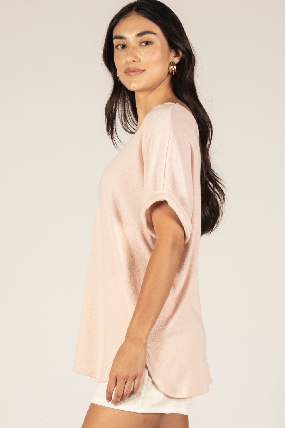 Crepe Hacci Top with Rolled Sleeve