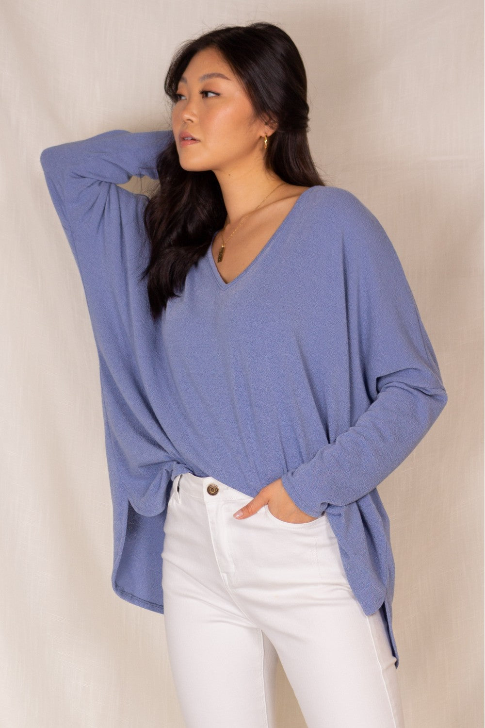 Crepe Hacci V-Neck Long Sleeve Top
