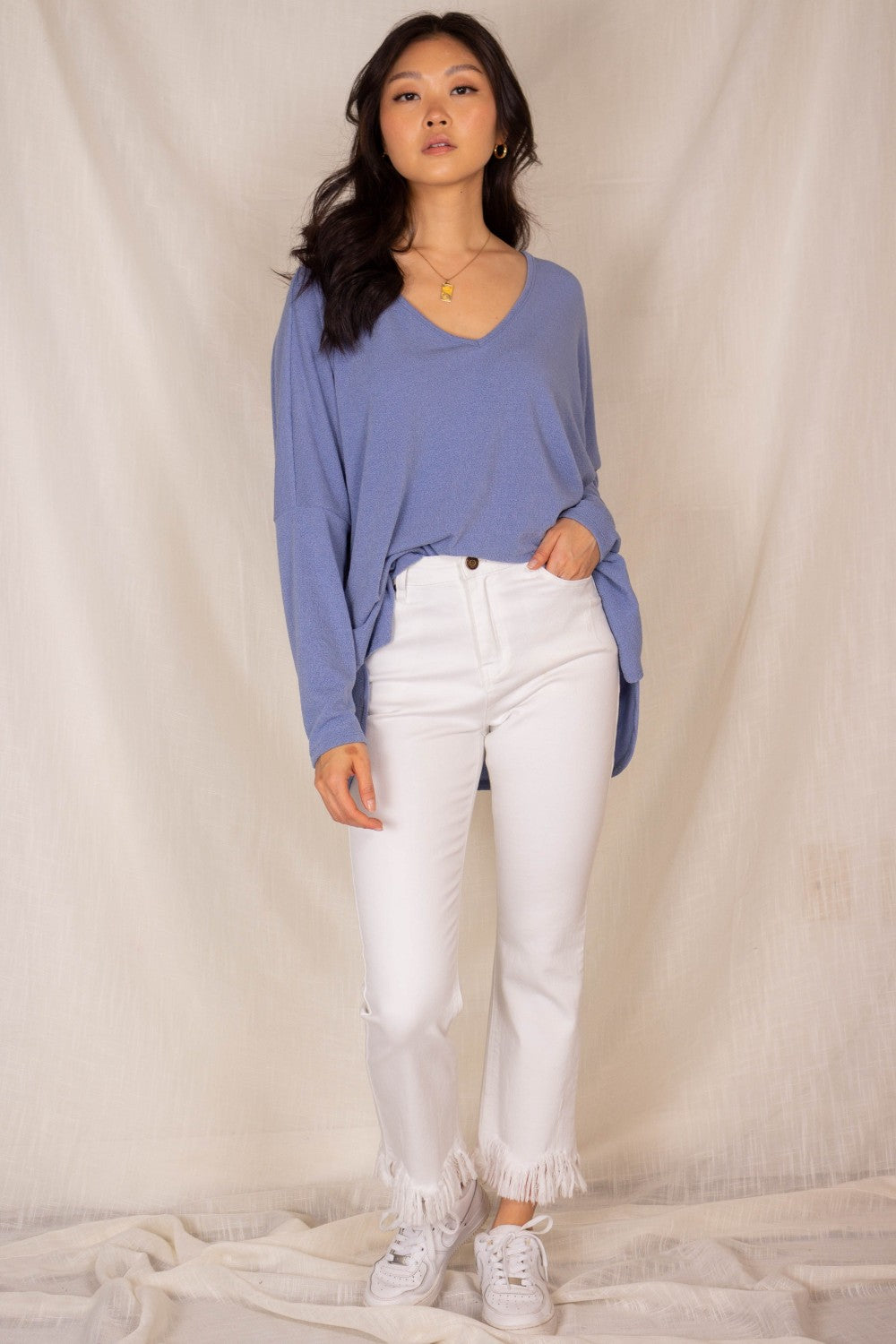 Crepe Hacci V-Neck Long Sleeve Top