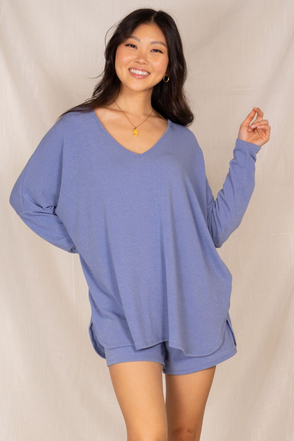 Crepe Hacci V-Neck Long Sleeve Top