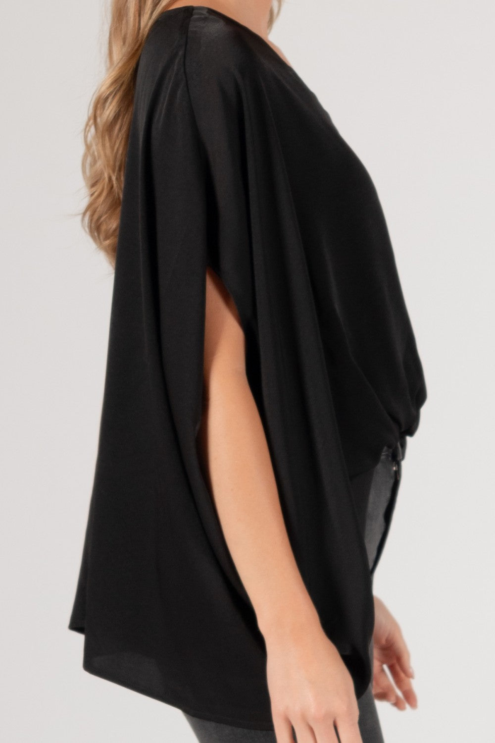 Satin Solid V-Neck Front Waist Elastic Flowy Top